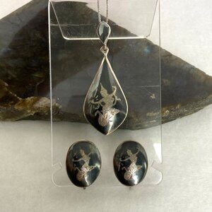 Siam Sterling Silver 925 Goddess Niello Enameled Pendant Necklace & Earring Set
